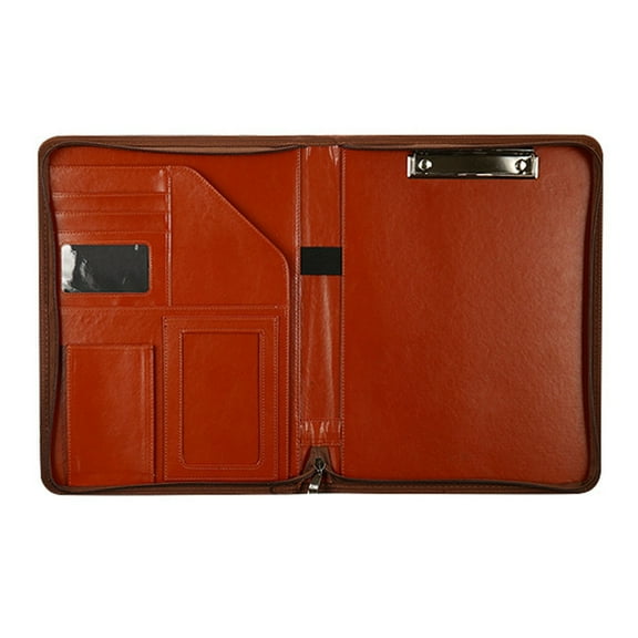 Leather Conference Folder Multiple Compartments Zippered Business Document Case with Clipboard Card Holder Pen Slot