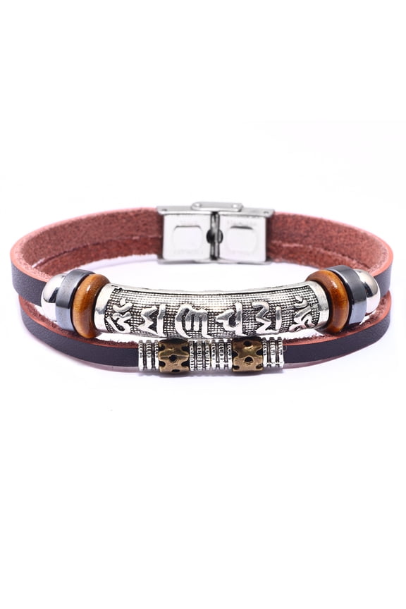 Leather Cord Multi-strand Bracelets with Hematite Alloy Findings and Stainless Steel Clasps Om Mani Padme Hum Mixed Color 8-1/2 inch(21.5cm)