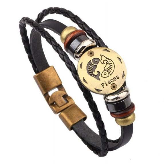Leather Cord Retro Multi-strand Bracelets with Wood Beads Hematite Beads and Alloy Findings Flat Round Antique Bronze Pisces 8-1/4 inch(21cm)