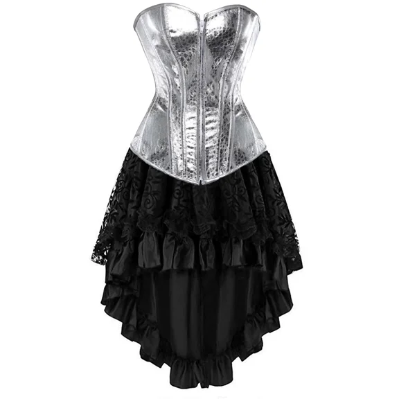 Leather Corset Bustier Top Set Gothic Burlesque Costume Women Basques and Corsets Plus Size Silver XL