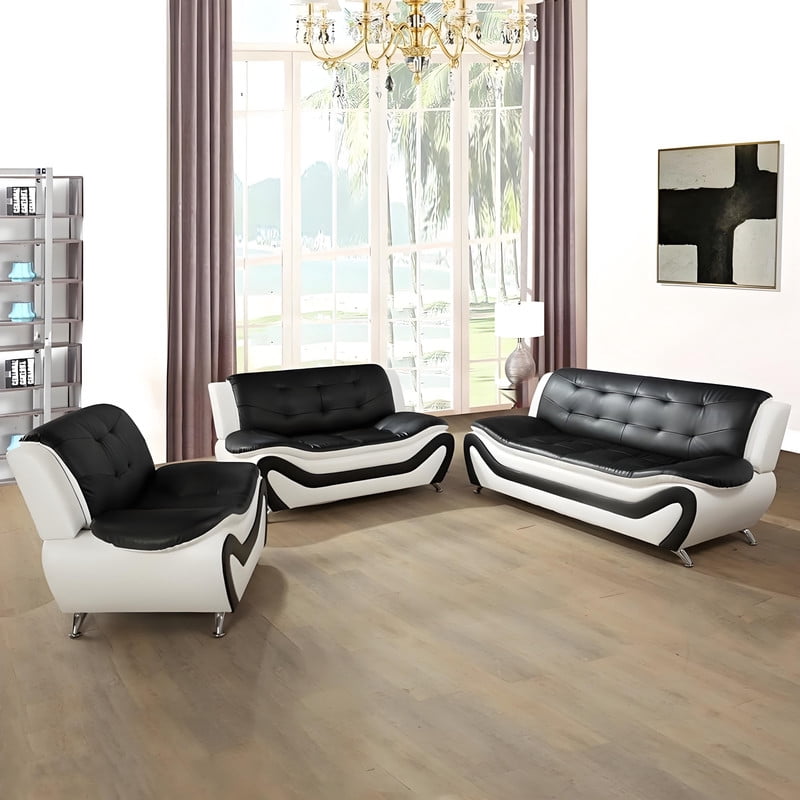 Leather Couches for Living Room, Living Room Couch Set, Sofa for Bedroom, Apartment, Living Room Furniture Sets a-Leather Black&White, Sofa+Loveseat+Chair