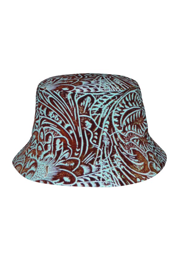 Leather Country Western Turquoise Floral Bucket Hat, Packable Fisherman Sun Cap, Foldable UV Protection for Fishing Beach Hiking Camping