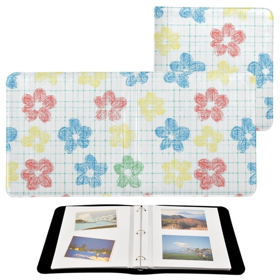 Leather Cover Photo Album 80 Pockets 4x6 Photos Bookshelf Picture Album Checkered Stripes with Hand Drawn Flower