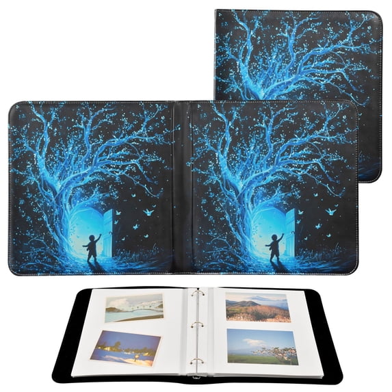 Leather Cover Photo Album 80 Pockets 4x6 Photos Bookshelf Picture Album Glowing Blue Tree and Door