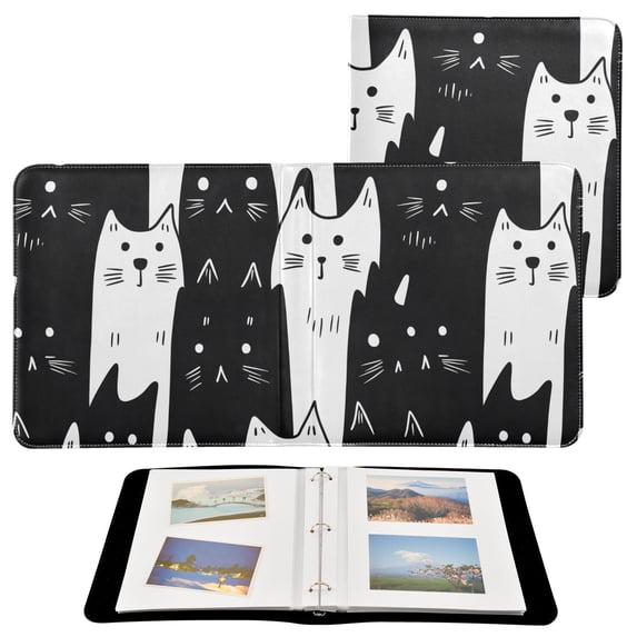 Leather Cover Photo Album 80 Pockets 4x6 Photos Bookshelf Picture Album White Black Cat