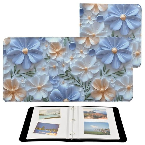 Leather Cover Photo Album 80 Pockets 4x6 Photos Bookshelf Picture Album White Blue 3d Flower
