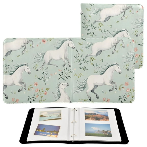 Leather Cover Photo Album 80 Pockets 4x6 Photos Bookshelf Picture Album White Horses and Flower