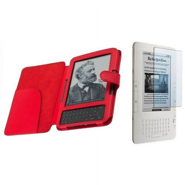 Leather Cover for Kindle 3 plus screen protector - Red