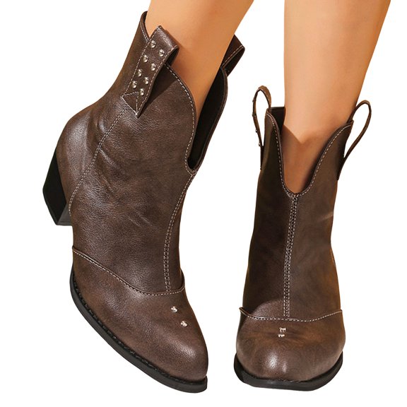 Leather Cowboy Boots for Women Mid Calf Studded Fashion Western Cowgirl Booties Chunky Heel Pointed Toe Short Ankle Boots Brown Size 7