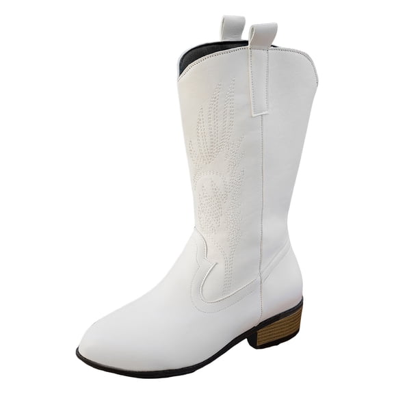 Leather Cowboy Boots for Women Wide Calf Casual Western Cowgirl Mid Calf Boots Pointed Toe Embroidered Riding Fall Boots
