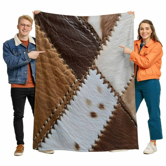 Leather Cowhide Flannel Blanket for Bed,Travel and Camping, Brown White Seam Collage Abstract Art Super Soft Cozy Blanket for All Seasons 30"x40"