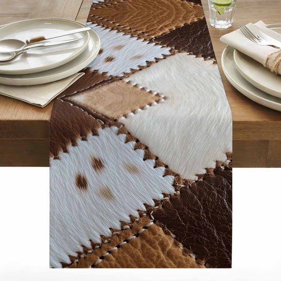 Leather Cowhide Table Runner 13x36 inch Brown White Seam Collage Abstract Art Cotton Linen Dining Table Runner Ideal for Dresser Kitchen Coffee Tables - Machine Washable