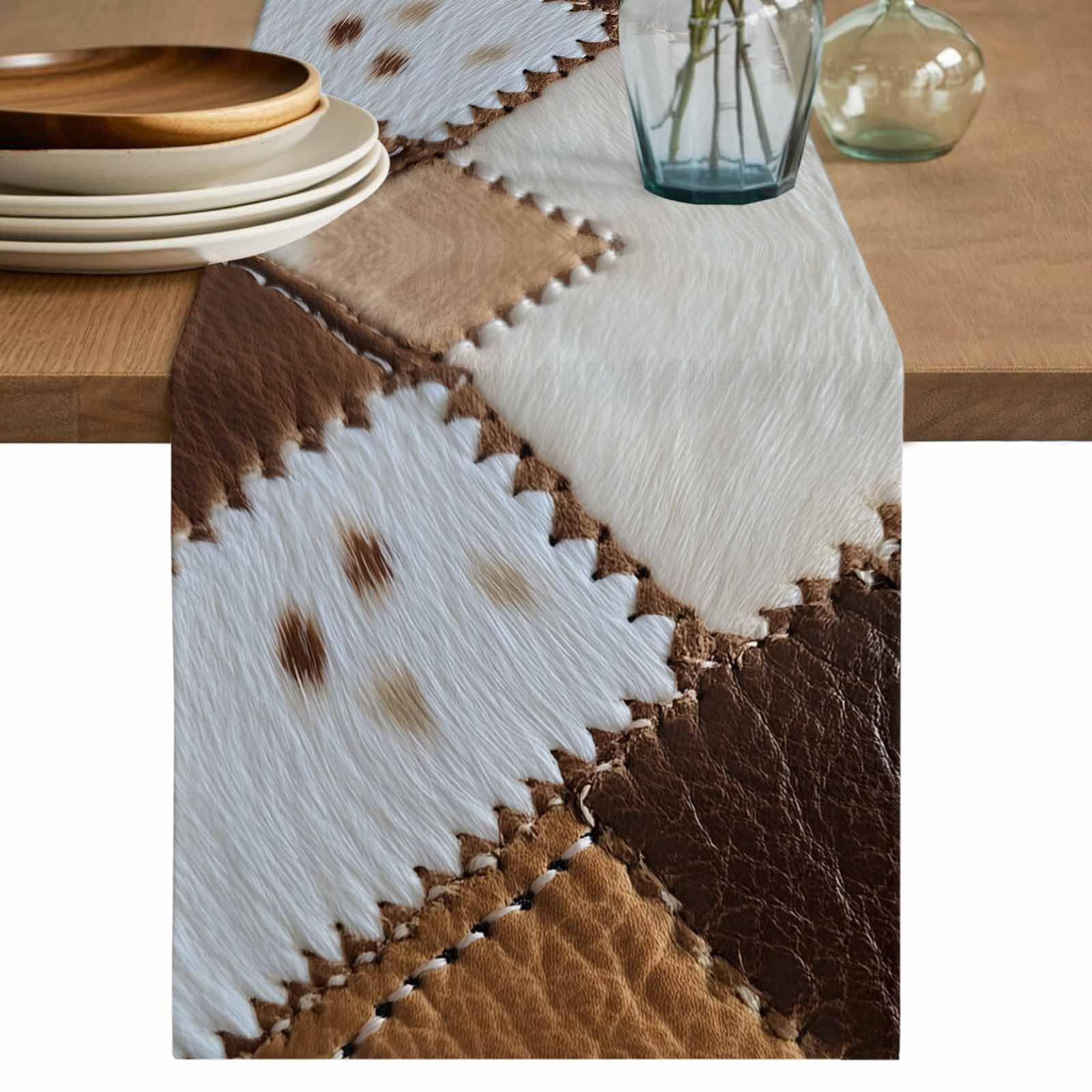 Leather Cowhide Table Runner, Brown White Seam Collage Abstract Art Cotton Linen Kitchen Table Decoration Washable Dining Tabletop Runners for Home Party Decor 18x72 Inches