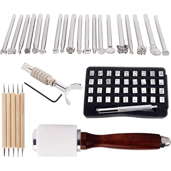 Leather Craft Working Suit Set Included Pattern Alphabet Digital Stamp Punch, Dotting Tools, Leather Swivel Knife, Hammer, Roller for Saddle Making, DIY Sculpture Kit