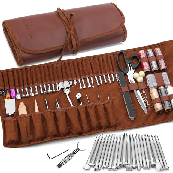 Leather Craft Working Tool Kit with Storage Bag for Carving Sewing Punching DIY Projects
