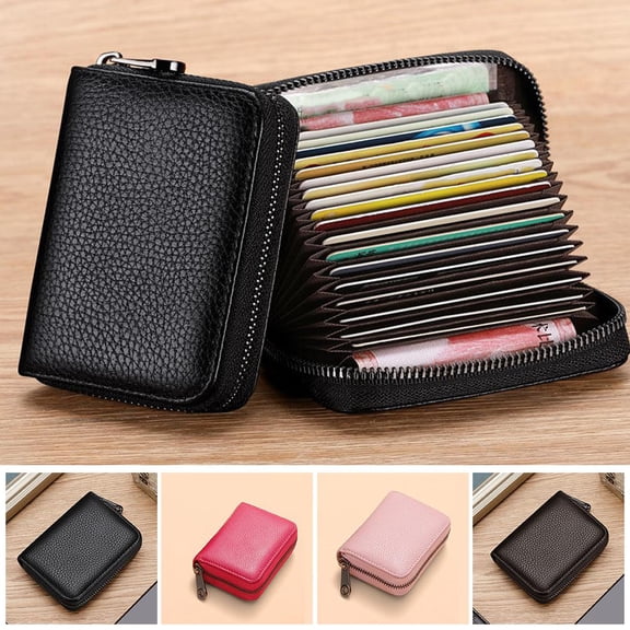 Leather Credit Card Holder Zipper Wallet With 18 Card Slots, Small Card Case for Women or Men Accordion Wallet with Zipper