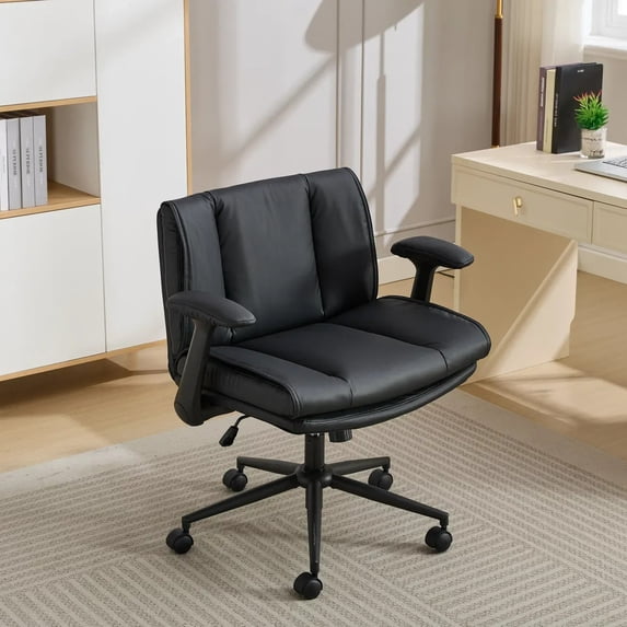 Leather Criss Cross Chair with Flip-Up Armrests, Cross Legged Office Chair on Wheels, Comfy Wide-Seat Swivel Chair – Adjustable Ergonomic Desk Chair for Home Office, Vanity & Accent