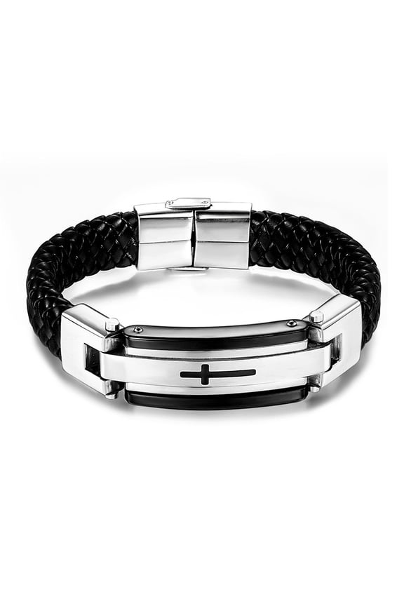 Leather Cross Bracelet for Men Christian Religous Confirmation Gifts with Stainless Steel Clasp, 9.06 inch Black