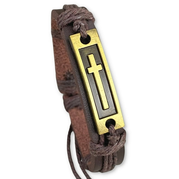Leather Cross Bracelet for Men or Teenager, Cool Christian Gift Ideas for Teens for Confirmation & Baptism (Brown and Gold)
