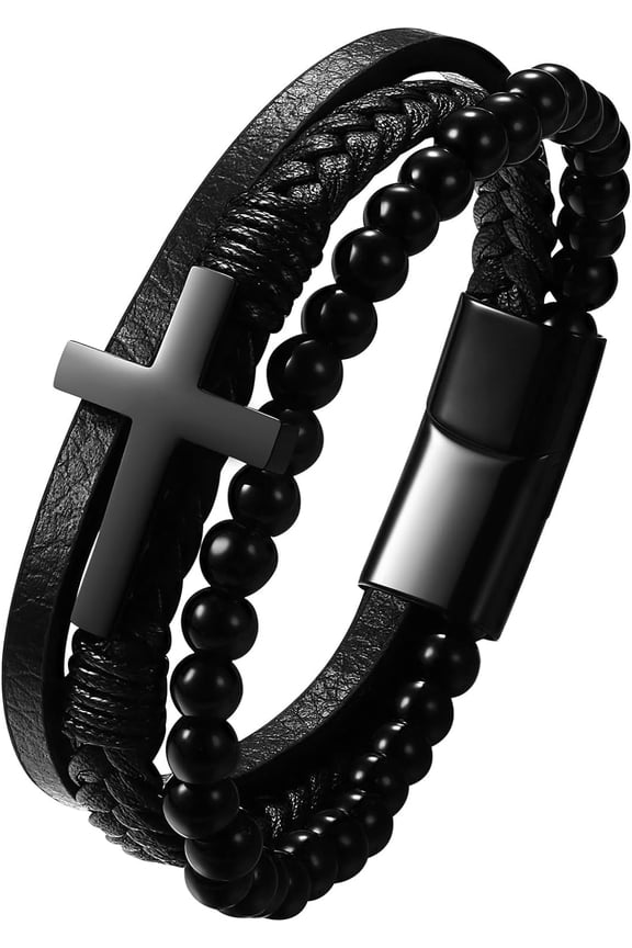 Leather Cross Cuff Bracelets, Men's Crucifix Bracelets, Braided Beads Multilayer Wristbands