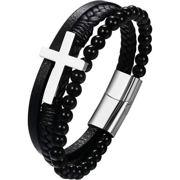 Leather Cross Cuff Bracelets, Men's Crucifix Bracelets, Braided Beads Multilayer Wristbands