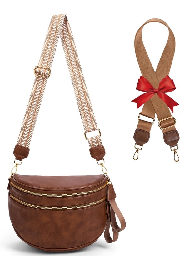 Leather Crossbody Bum Bag for Women,Large Sling Bum Bag Wallets Slouchy Belt Purse with 2 count Adjustable Strap