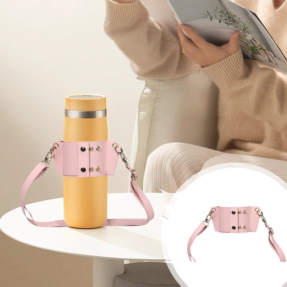 Leather Crossbody Mug Sleeve | Adjustable Cup Holder Strap with Metal Buttons | Synthetic Leather Water Bottle Sling for Outdoor Hiking