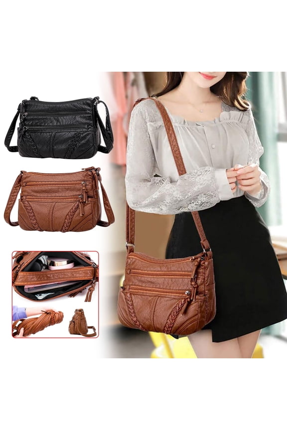 Leather Crossbody Purse | Multi Compartment Tote | Soft Large Capacity Distressed Vintage Shoulder Bag | Ladies’ Handbag | Black Brown | 23x17x12cm | 1 Pc