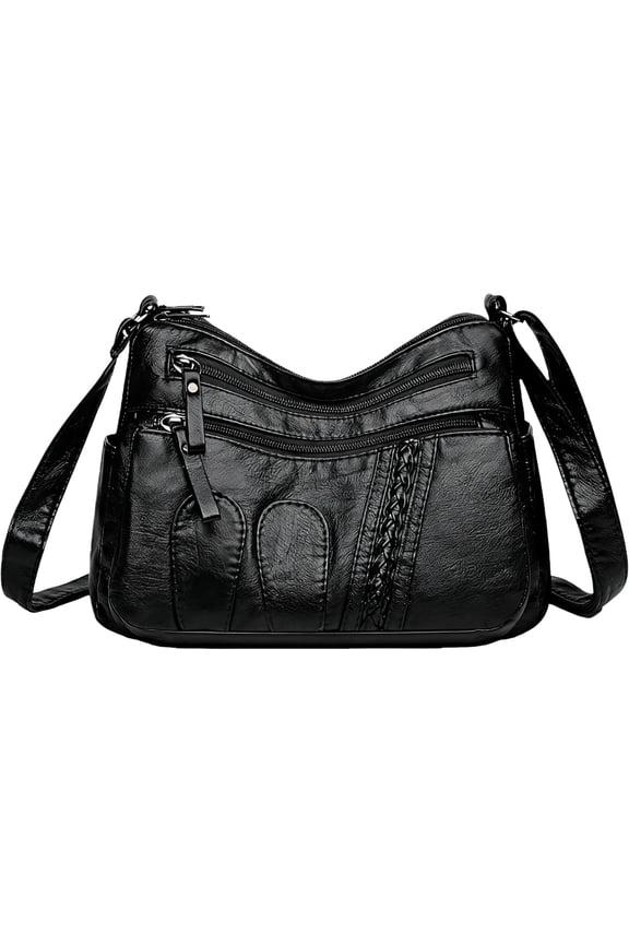 Leather Crossbody Purses for Women - Black Sling Purse with 5 Zip Compartments, Medium Bag for Daily Work