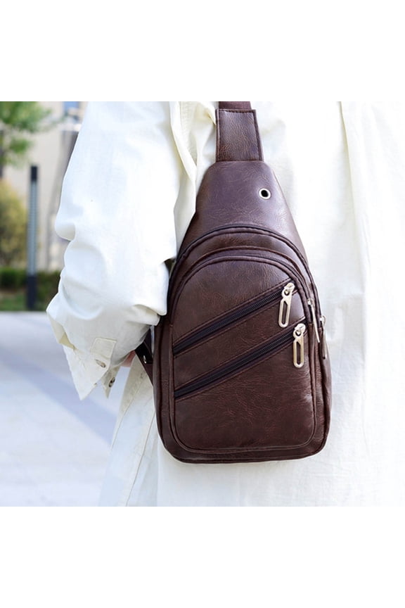 Leather Crossbody Strap Bag, Multipurpose Shoulder Backpack with Headphone Hole, Large Capacity for Travel, Work, Outdoor, Messenger, Casual Daypack, Adjustable and Durable