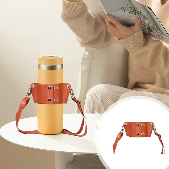 Leather Crossbody Water Bottle Strap | Adjustable Shoulder Sling for Mugs & Cups | Synthetic Leather Handle with Metal Buckle | 1-Piece Outdoor Drink Carrier Accessory