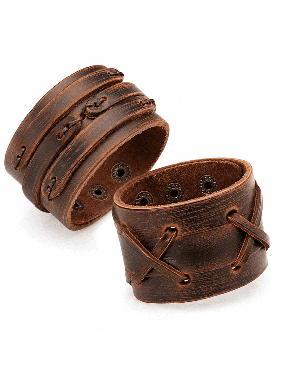 Leather Cuff Bracelet 2-Piece Set for Men and Women, Vintage Braided Punk Wristbands