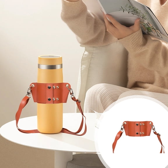 Leather Cup Carrier Adjustable Crossbody Strap - Brown Synthetic Leather Water Bottle Sleeve | Compatible with Cup Sizes | Travel Mug Holder