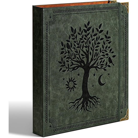 Leather D Ring Binder Fits 8.5"x11" Letter Size Paper, 1.5 Inch D-Ring Binders Holds 400 Sheets, Notepad Paper Cover Loose Leaf Organizer with Inner Pockets, Green Tree