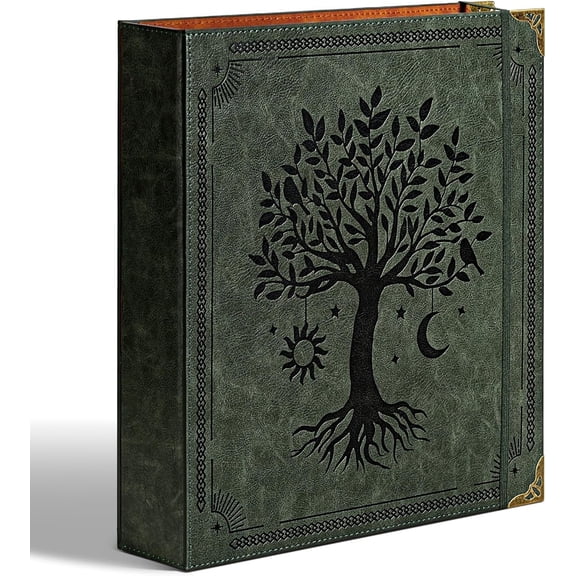 Leather D Ring Binder Fits 8.5"x11" Letter Size Paper, 2 Inch D-Ring Binders Holds 550 Sheets, Notepad Paper Cover Loose Leaf Organizer with Inner Pockets, Green Tree