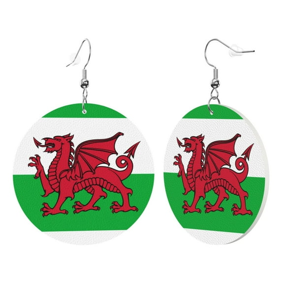 Leather Dangle Round Earrings For Women Welsh Dragon Flag Circle Earrings Drop Jewelry