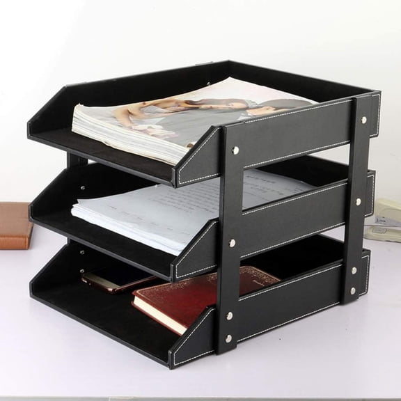 Leather Desk File Organizer, 3-Layer Stackable Tray, Used to Store documents, folders, Stationery, Magazines, Newspapers, Letters, and Other Home Office Sundries Desktop Organization Holder(Black)