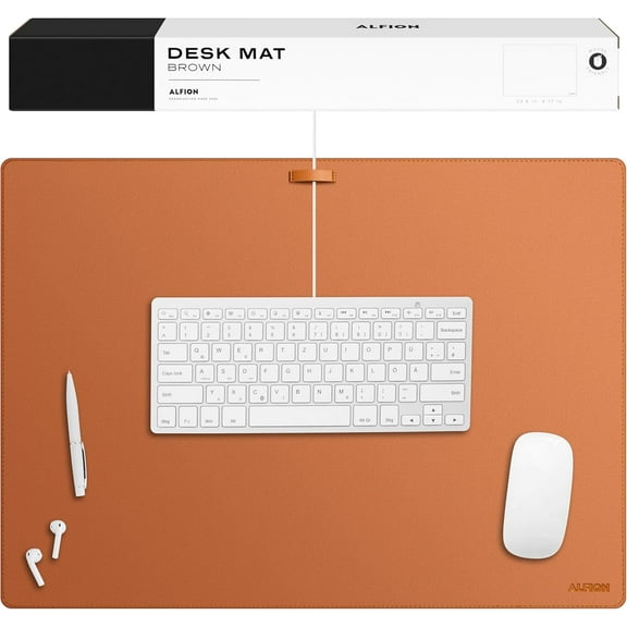 Leather Desk Mat Cable Organizer 23.6" x 17" | Premium Brown Vegan Leather Desk Protector Blotter Mouse Pad with Felt Non Slip Bottom for Home Office