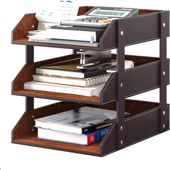Leather Desk Organizer, 3-Tier Stackable Document Tray, Perfect Desktop Organization Holder for Files, Folder, Stationery, Magazine, Newspaper, Mail, Office Supplies (Brown)