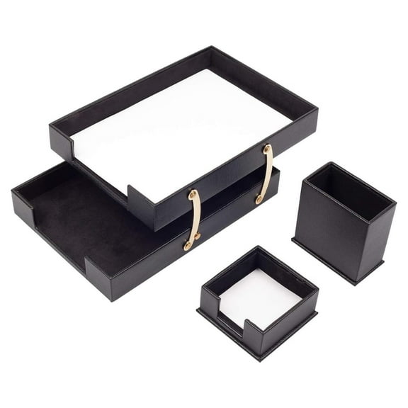 Leather Desk Organizer Set - 3 Pcs Executive Office Accessories - Document Tray & Paper Holder - Black Leather Desk Pad - Professional Desk Decor Black - 3 Pieces Large