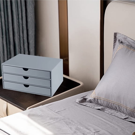 Leather Desk Organizer with 3 Drawers/Tray, Executive Office Supplies Desktop Filing A4 File Cabinet/Holder, Stackable Storage Box Grey (Gray)