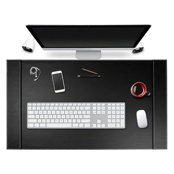 Leather Desk Pad 34x20 - Executive Office Desk Protector - Matte Onyx Black - Laptop Mat with Side Rails for Blotter Paper - Large Workspace Organizer