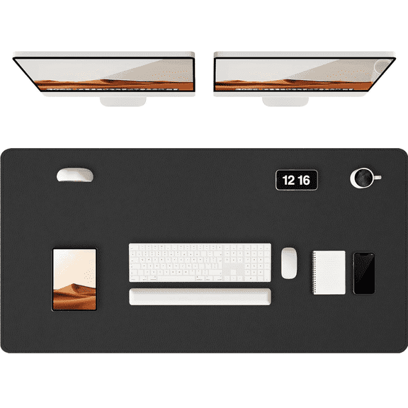 Leather Desk Pad Protector, 47x24" PU Mouse Pad, Large Waterproof Office Desk Mat, Non-Slip Desk Blotter Pad with Strap, Writing Pad for Office and Home (Black, 47.2" x 23.6")