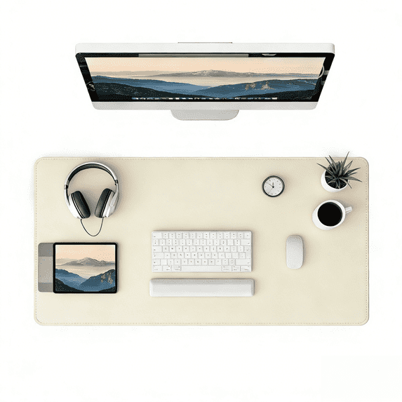 Leather Desk Pad Protector, 32x16" PU Mouse Pad, Large Waterproof Office Desk Mat, Non-Slip Desk Blotter Pad with Strap, Writing Pad for Office and Home (Eggshell, 31.5”x15.7”)