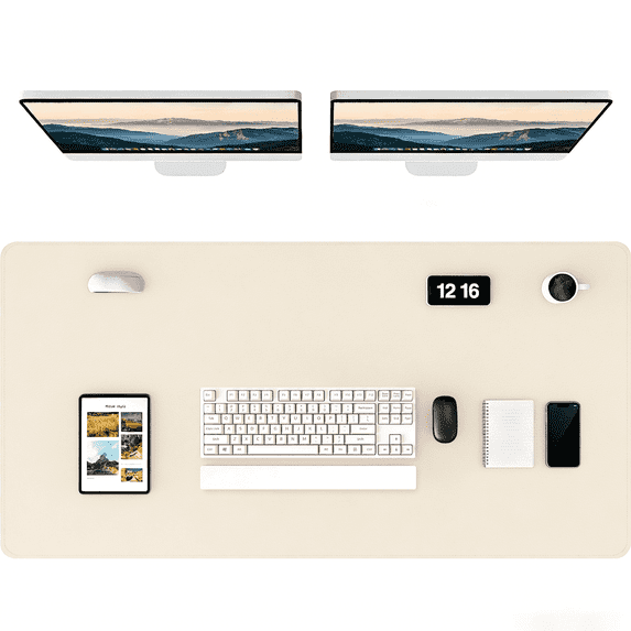 Leather Desk Pad Protector, 47x24" PU Mouse Pad, Large Waterproof Office Desk Mat, Non-Slip Desk Blotter Pad with Strap, Writing Pad for Office and Home (Eggshell, 47.2" x 23.6")
