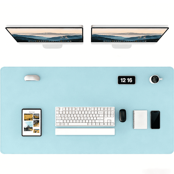 Leather Desk Pad Protector, 47x24" PU Mouse Pad, Large Waterproof Office Desk Mat, Non-Slip Desk Blotter Pad with Strap, Writing Pad for Office and Home (Light Blue, 47.2" x 23.6")