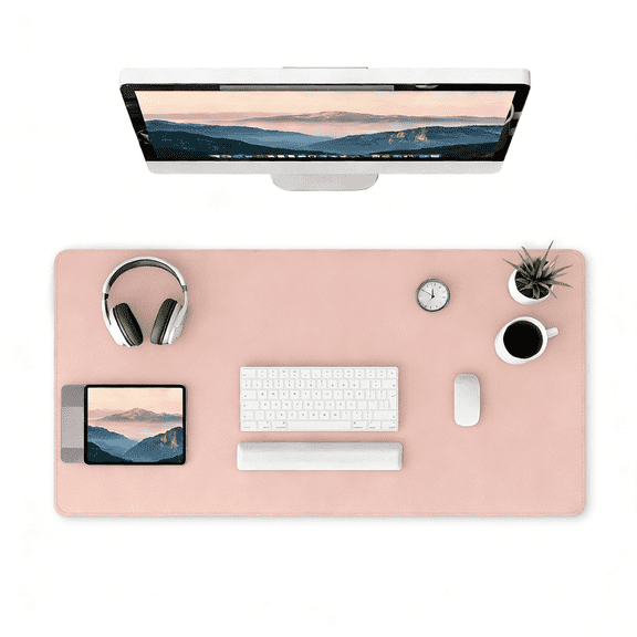 Leather Desk Pad Protector, 32x16" PU Mouse Pad, Large Waterproof Office Desk Mat, Non-Slip Desk Blotter Pad with Strap, Writing Pad for Office and Home (Light Pink, 31.5”x15.7”)