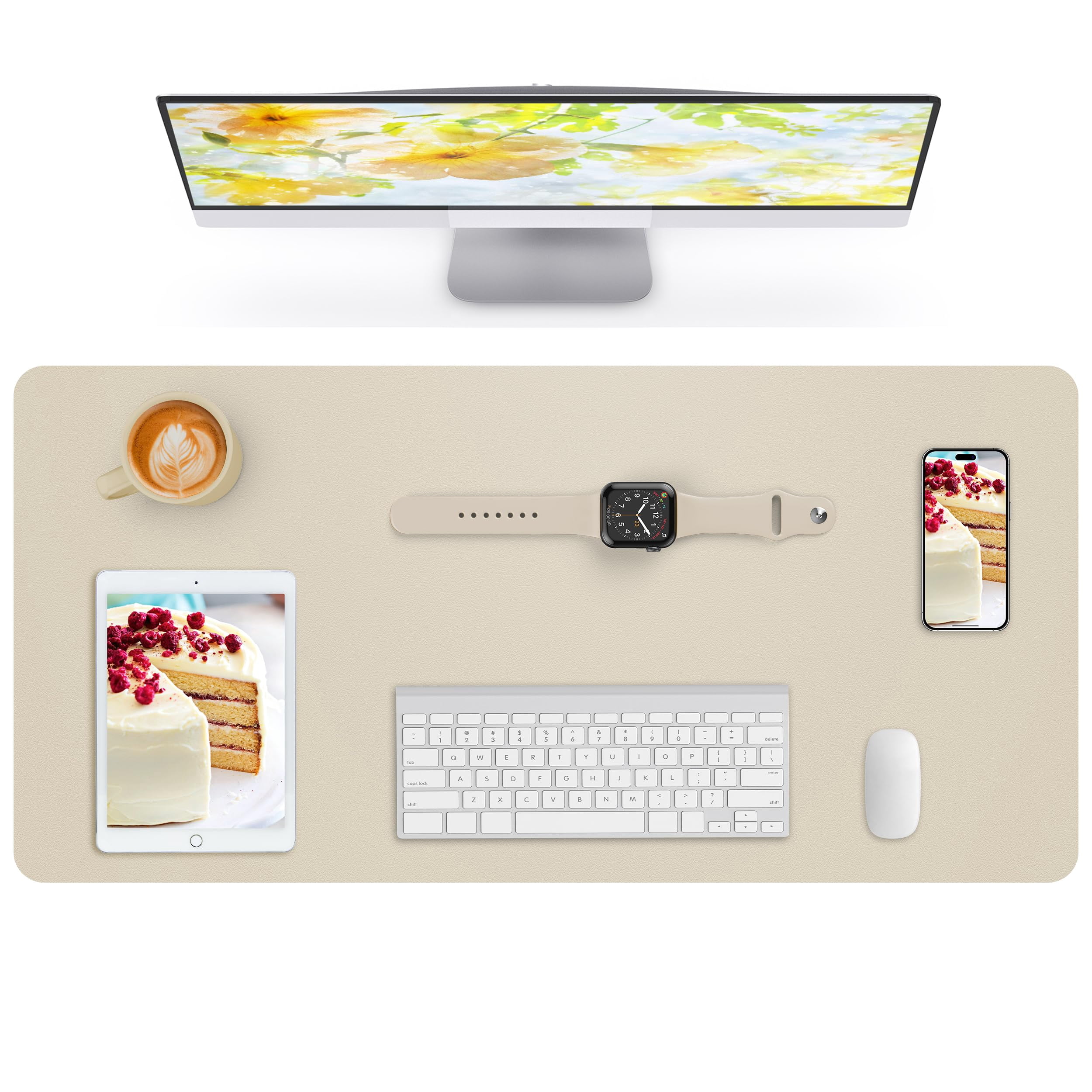 Leather Desk Pad Protector Mouse Office Mat  Non-slip Pu Blotter Large Waterproof For Office/home/decor (beige 35"" X 17"")