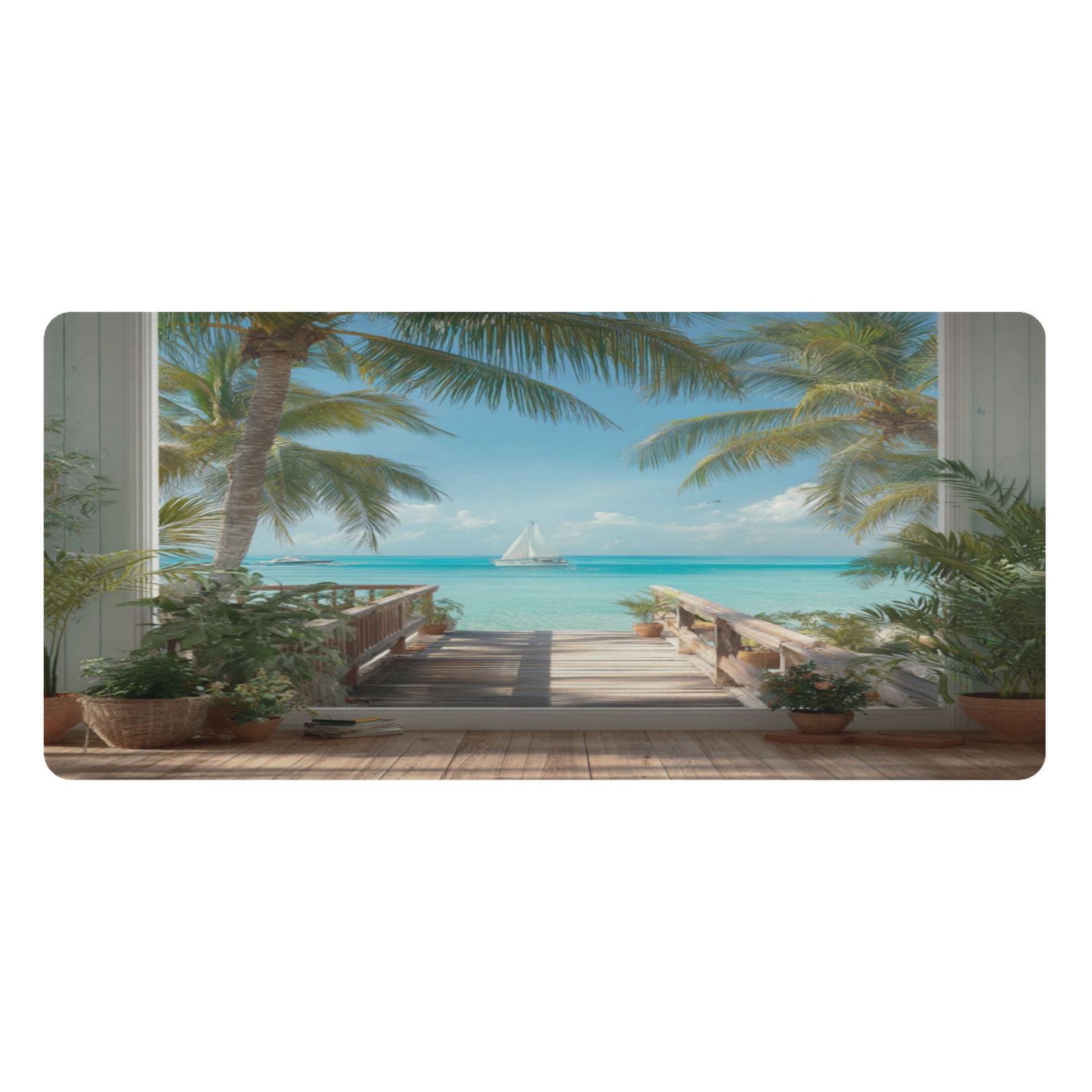 Leather Desk Pad Protector Mouse Pad Laptop Desk Mat Non-Slip Waterproof for Office and Home Giant Golden Whale Palm Trees and Ocean