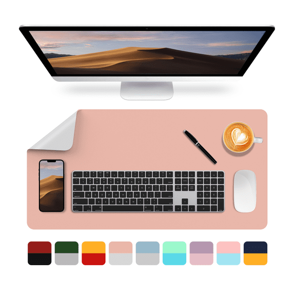 Leather Desk Pad Protector,PU Leather Dual Side Large Mouse Pad, Non-Slip and Waterproof Writing Mat 31.5" x 15.7", Laptop Desk Table Protector for Office Work and Home Decoration (Pink + Gray)